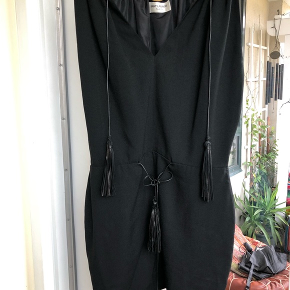 Saint Laurent Tassel Mini Dress In Black Sablé - Picture 2 of 6